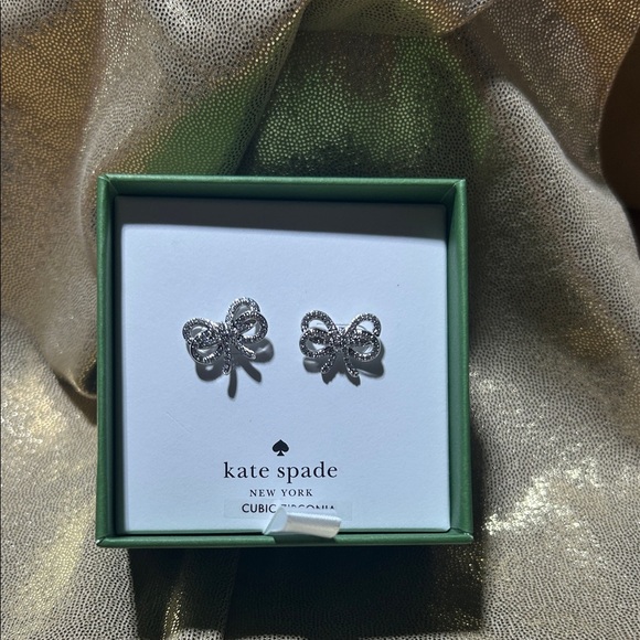 NWT-Kate Spade Sparkling Cubic Silver Bow Earrings - Picture 3 of 4